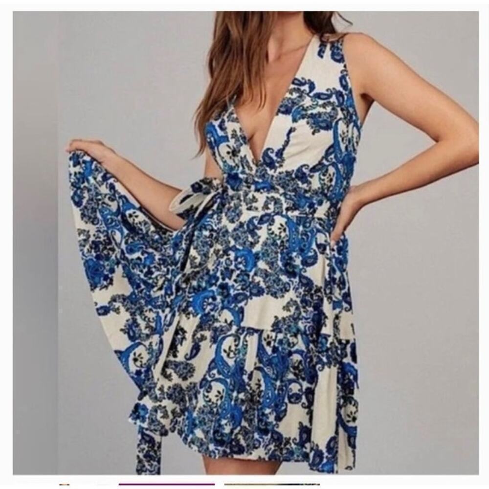 NWT! Christian Lacroix Sleeveless Linen Blue Wrap Dress - Size Small